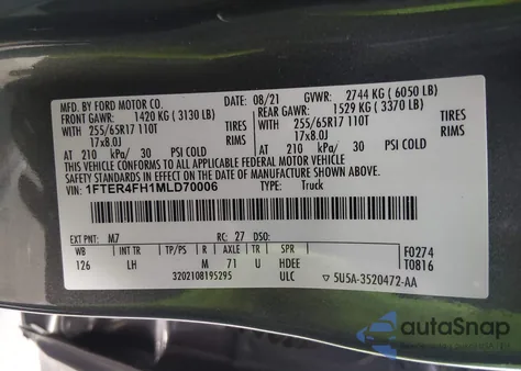 2021 Ford Ranger Xlt из США, поврежденный, VIN 1FTER4FH1MLD70006